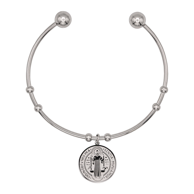 Catholic Town Stainless Steel Religious Cuff Bangle Ball Ends Bracelet with Saint Benedict medal ( Gold & Silver color available )