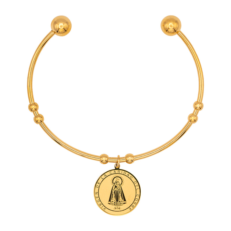 Catholic Town Stainless Steel Religious Cuff Bangle Ball Ends Bracelet with Our Lady of Charity "Virgen de la Caridad del Cobre" medal ( Gold & Silver color available )