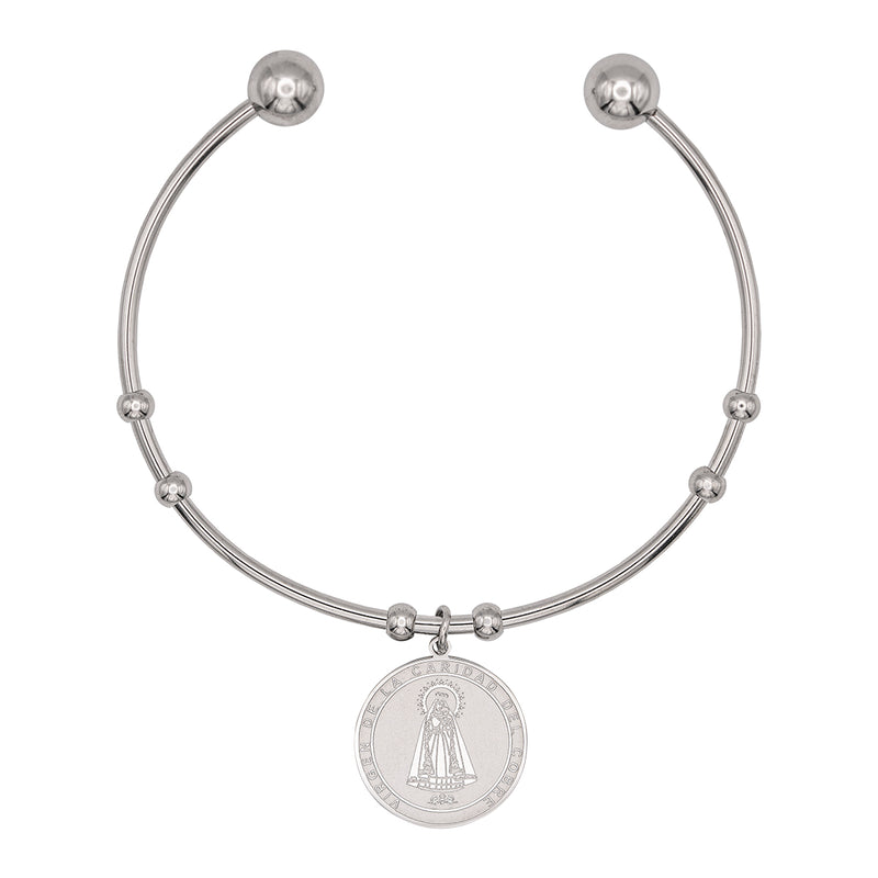Catholic Town Stainless Steel Religious Cuff Bangle Ball Ends Bracelet with Our Lady of Charity "Virgen de la Caridad del Cobre" medal ( Gold & Silver color available )