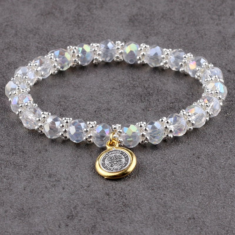 Catholic Town St Benedict stretch bracelet with 8mm clear beads and two tones medal ( CTBSBCHM-CLR )