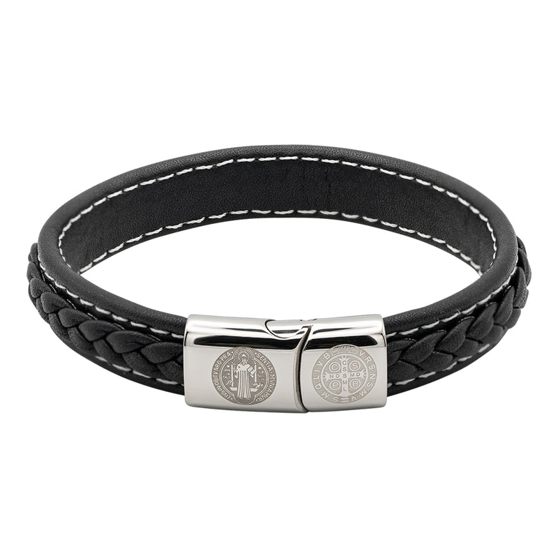 Catholic Town religious leather Bracelet with Stainless Steel Saint Benedict Clasp ( LSSBSB-BLKS )