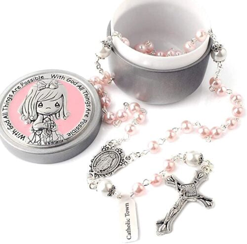 Catholic Town 6mm Glass Pearl Beads First Communion Rosary Necklace with Silver Zinc Alloy Rosary Box ( ROSJFCMMB-PNK )