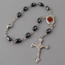 Catholic Town Auto Car Rearview Mirror Rosary with oval Hematite Beads, Jerusalem Holy Soil center piece and Crucifix cross ( ROSJHHSM-BLK )