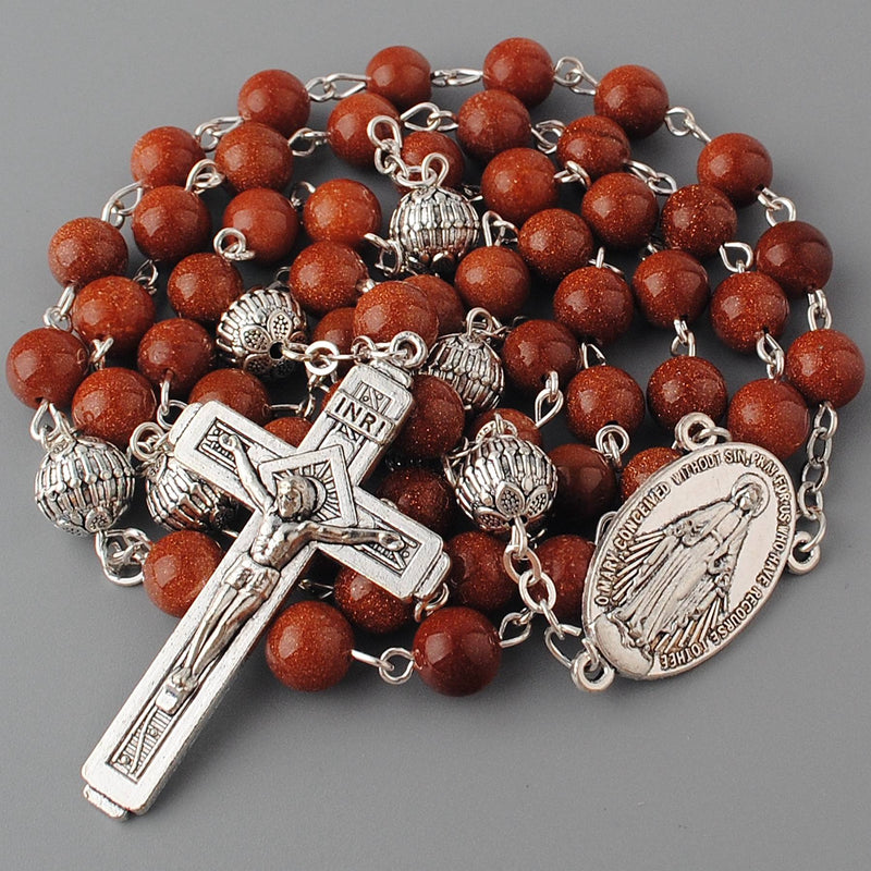 Catholic Jerusalem Rosary Necklace Gold Sandstone beads Miraculous Medal and Cross ( ROSJST-VENT )