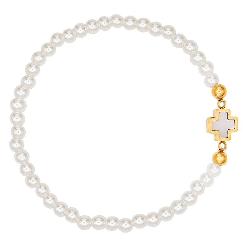 Catholic Town Bracelet with stainless steel cross and 4mm round white beads ( SSBCROSSMWP-4G )