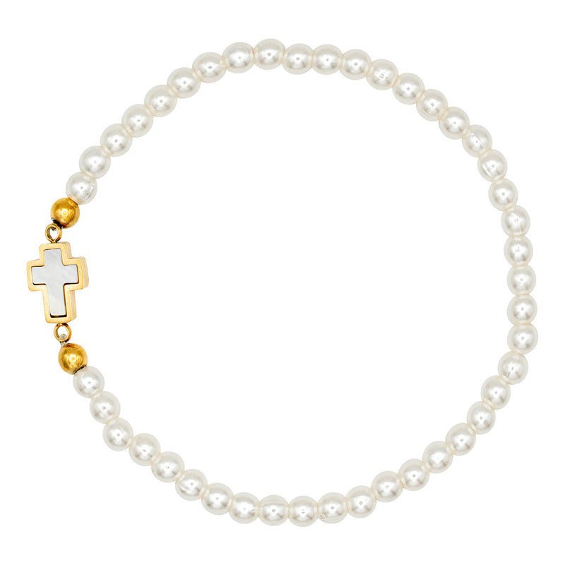 Catholic Town Bracelet with stainless steel cross and 4mm round white beads ( SSBCROSSMWPN-4G )