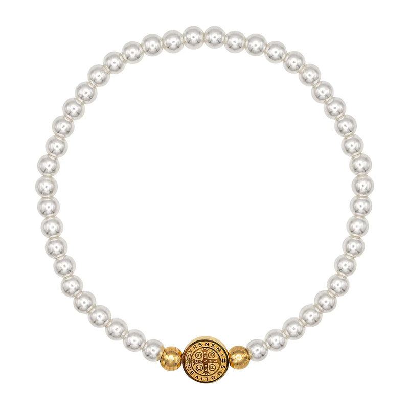 Catholic Town Bracelet with stainless steel St Benedict medal and 4mm white round beads ( available with Gold or Silver medals)
