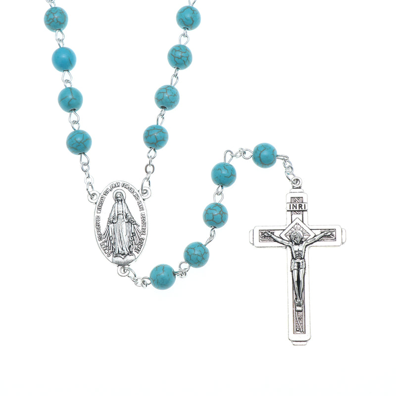 Catholic Jerusalem Rosary Necklace Blue Turquoise Beads Miraculous Medal & cross (ROSJST-BTUR)