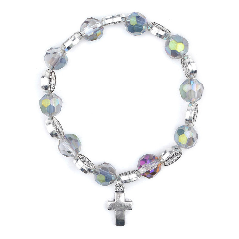 Catholic Crystal Saint Benedict alloy beads rosary religious elastic Bracelet ( CTBSBC-CLR )