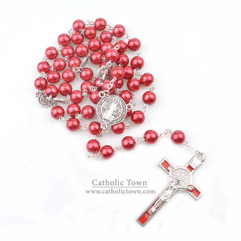 Catholic Town Rosary Necklace Saint Benedict Medal and Cross Crucifix ( Available colors: Black, Blue, Red, White )