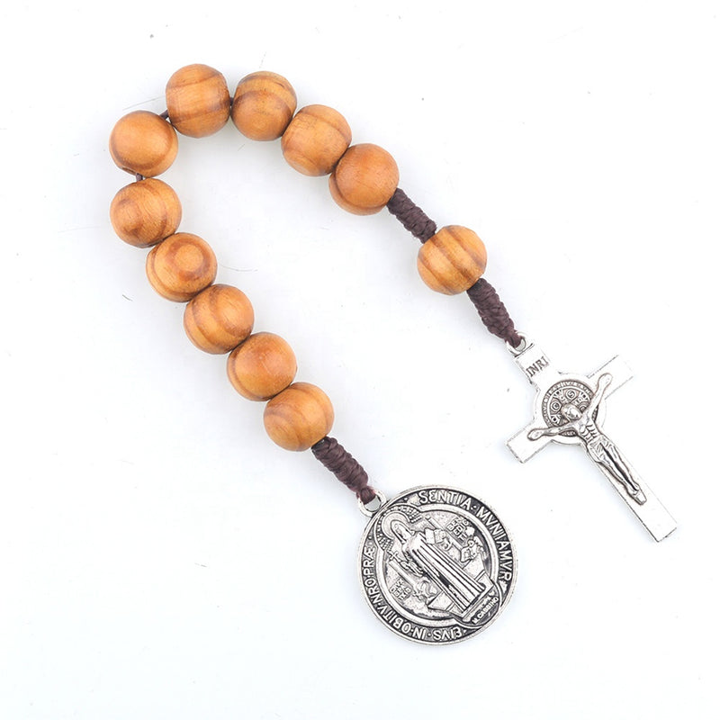 Catholic Town St Benedict Medal 1-Decade Tenner Pocket Rosary with 10mm wood beads ( ROSHSBW-BRN )