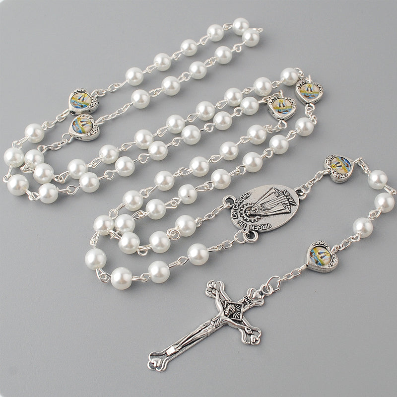Catholic Town Rosary with Our Lady of Charity "Virgen de la Caridad del Cobre" center piece, 6mm pearl imitation beads and Jerusalem cross( ROSJCEMHB-WHT )