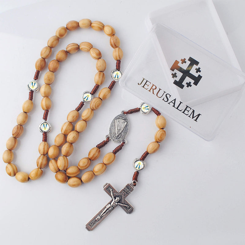 Catholic Town Wooden Rosary Necklace, Olive wood oval beads with Our Lady of Charity "Virgen la Caridad del Cobre" medal and Jerusalem Crucifix Cross Pendant ( ROSJCEMW-BRN )