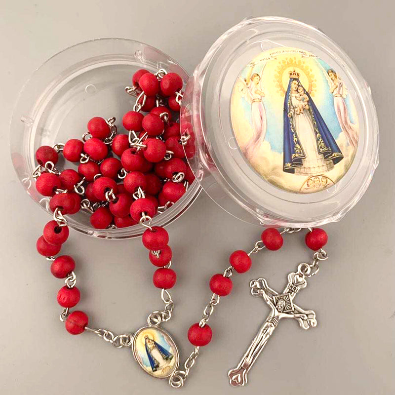 Red rose scented wood rosary beads, Virgen de la Caridad medal Jerusalem cross ( ROSJCRF-RED )