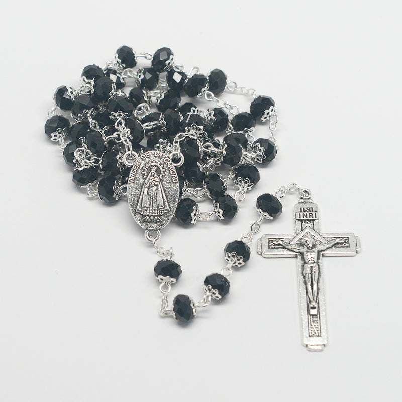 Catholic Town 8mm crystal beads, Our Lady of Charity "Virgen de la Caridad del Cobre" Rosary with Jerusalem Crucifix cross ( Available colors: Black, Blue, Clear, Red, White and Yellow )