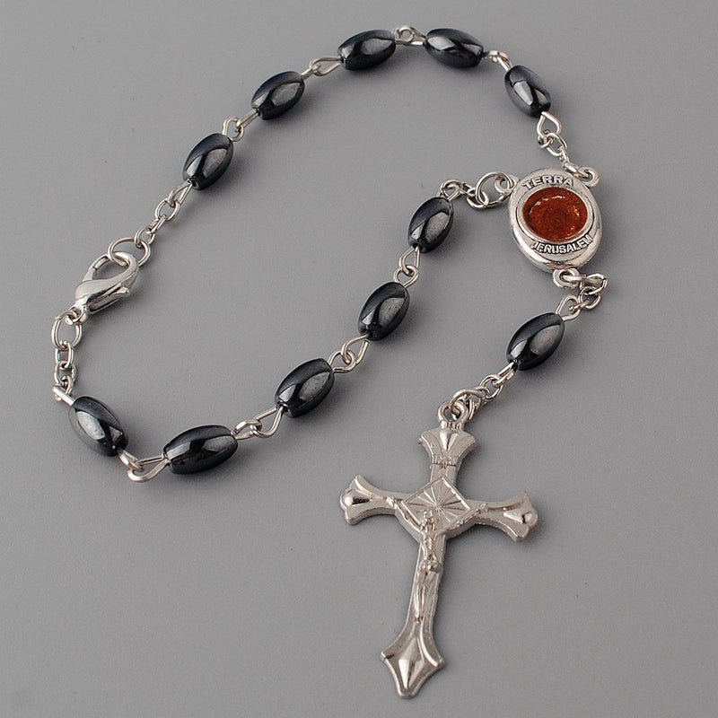 Catholic Auto Car Rearview Mirror Rosary Mother of Pearl Beads, Jerusalem Holy Soil Medal & Cross