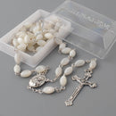 Catholic Town Rosary Necklace with oval Mother of Pearl Beads,  Jerusalem Holy Soil center piece and Cross Crucifix ( ROSJSHSM-WHT )