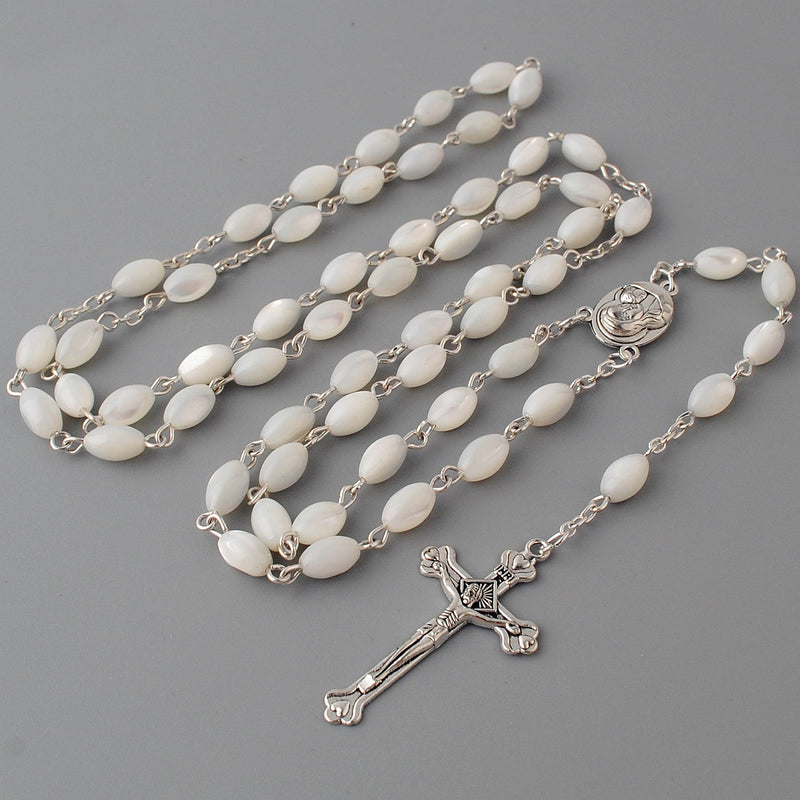Catholic Rosary Necklace Mother of Pearl Beads Jerusalem Holy Soil Medal & Cross