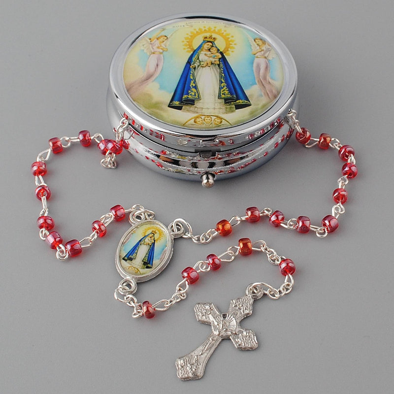 Catholic Town Rosary Necklace with Virgen de la Caridad del Cobre center piece, Cross Crucifix and metal box (Available in Red, White and Yellow colors )
