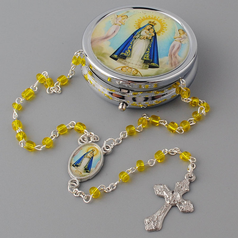 Catholic Town Rosary Necklace with Virgen de la Caridad del Cobre center piece, Cross Crucifix and metal box (Available in Red, White and Yellow colors )