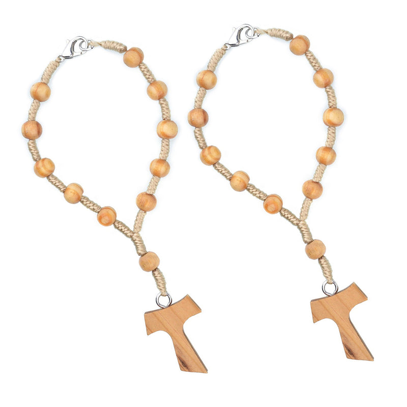 Catholic Town Religious Tau Cross 8mm Wood Beads Rosaries for car and truck rearview mirror ( ROSWOODC-IVR )