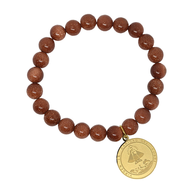Catholic Town Bracelet with Stainless Steel Virgen de la Caridad del Cobre "Our Lady of Charity" medal with 8mm Goldstone beads (SSBCMVS-8)