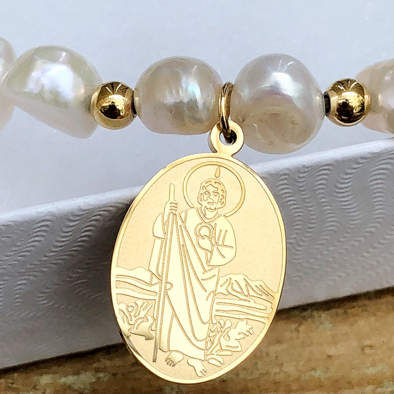 Catholic Town St. Jude Thaddeus Bracelet with Stainless Steel Medal and Pearl beads ( SSBSJT-DGWG )