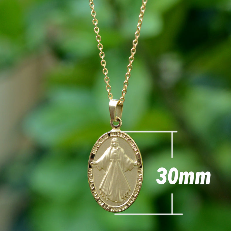 Divine Mercy and Sacred Heart of Jesus Double Sided Oval catholic pendant with chain (SSPJESUS30MCH-G)