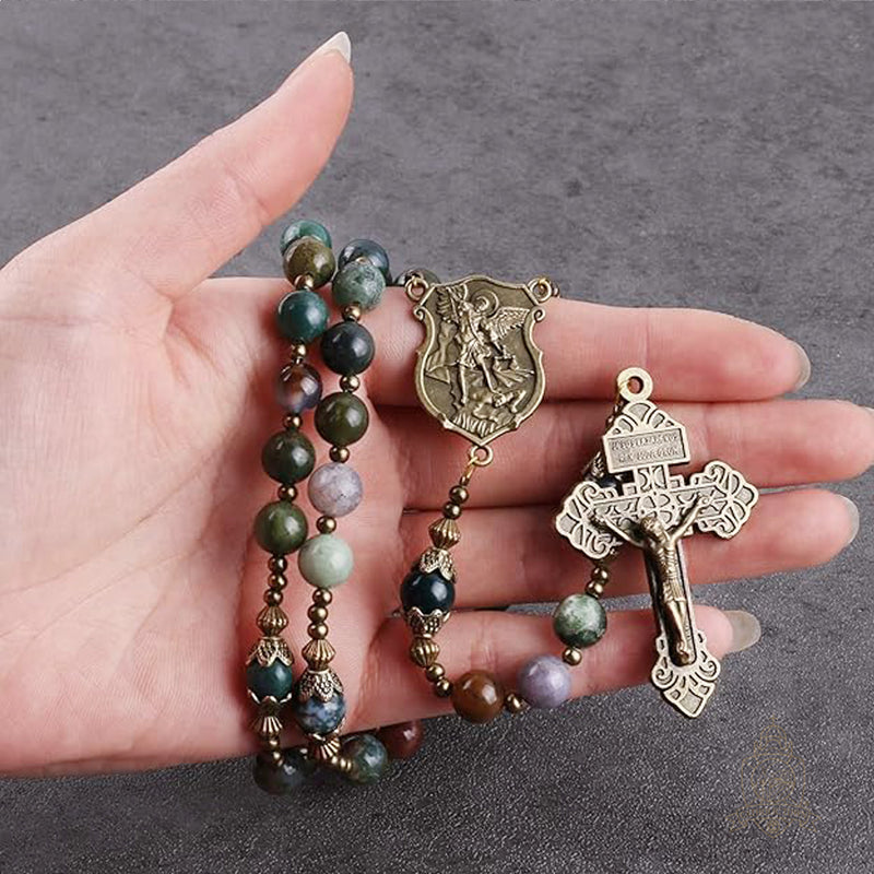 Catholic Town 8mm India Agate Natural Stone Beads, Large Rosary with Caps Saint Michael the Archangel Medal and Pardon Crucifix ( CTROSSMA-IA )