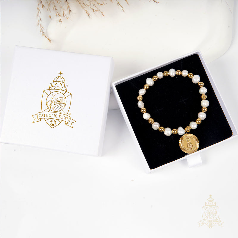 Catholic Town Bracelet, stainless steel Virgen de la Caridad del Cobre medal, natural pearl and stainless steel beads.