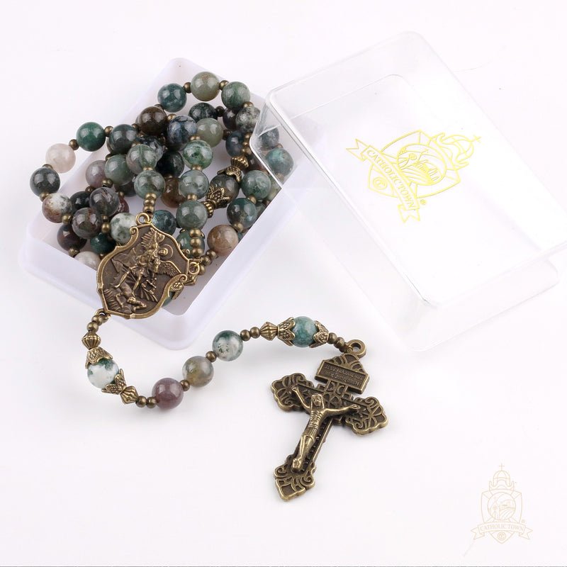 Catholic Town 8mm India Agate Natural Stone Beads, Large Rosary with Caps Saint Michael the Archangel Medal and Pardon Crucifix ( CTROSSMA-IA )