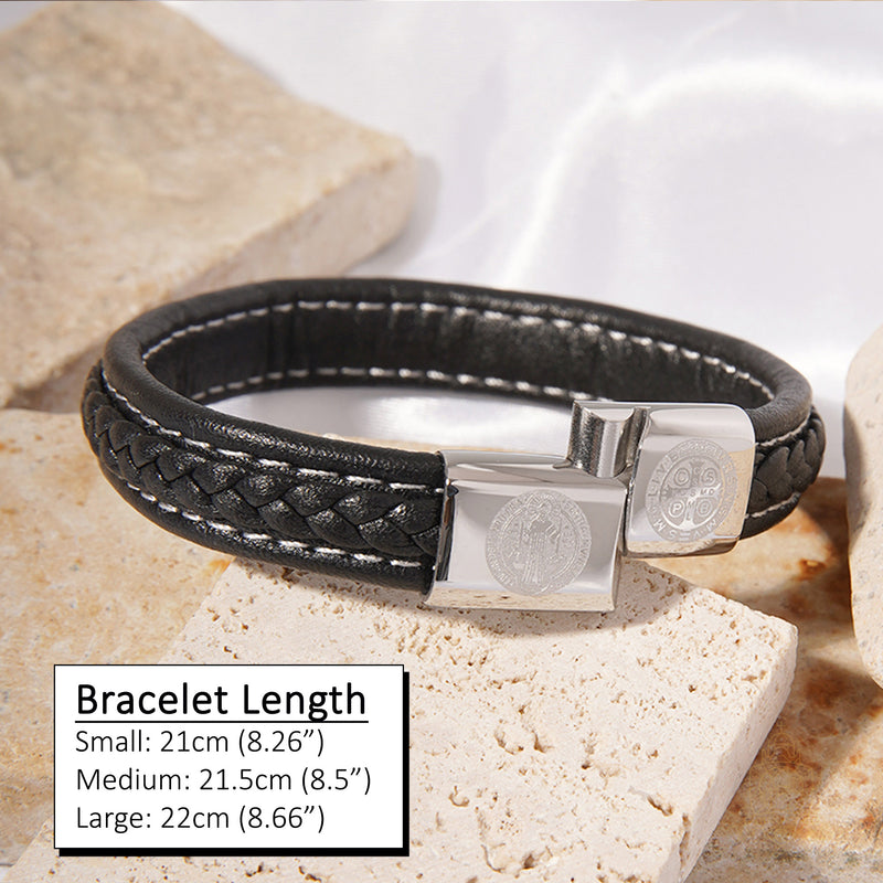 Catholic Town Men's leather Bracelet with Stainless Steel Saint Benedict Clasp ( LSSBSB-BLKS )