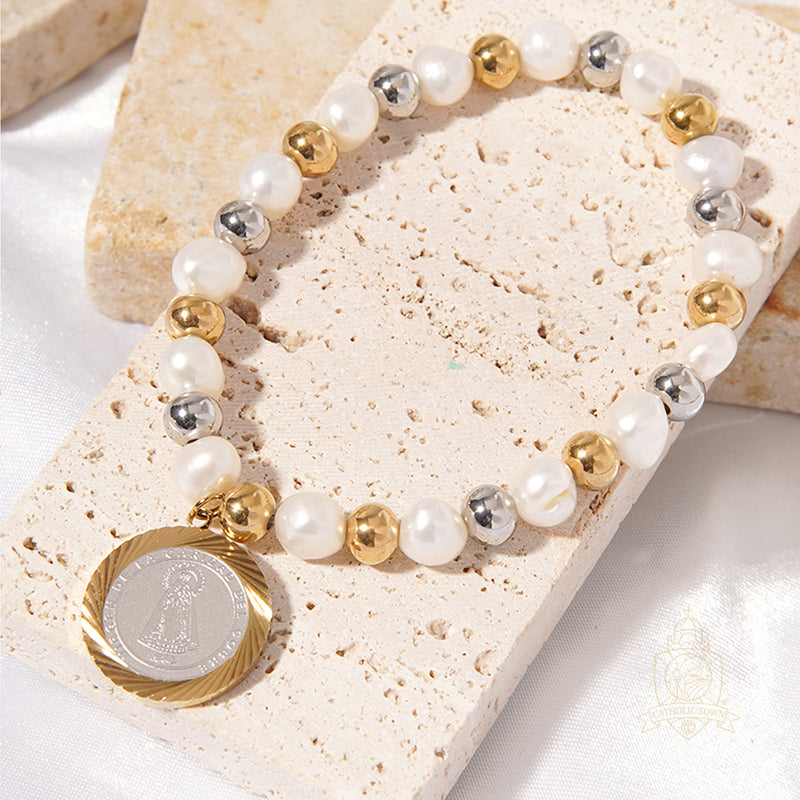 Catholic Town Bracelet, stainless steel Virgen de la Caridad del Cobre medal, natural pearl and stainless steel beads.