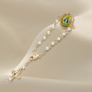 Catholic Town Our Lady of Charity ( Virgen de la Caridad del Cobre ) Rosary lapel pin, Gold Tone, imitation pearl Religious cross brooch ( ROSPINCWC-G )