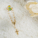 Catholic Town Our Lady of Charity ( Virgen de la Caridad del Cobre ) Rosary lapel pin, Gold Tone, imitation pearl Religious cross brooch ( ROSPINCWC-G )