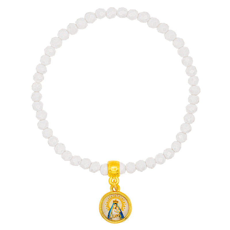 Catholic Town elastic Bracelet with Virgen de la Caridad del Cobre and Sagrado Corazón de Jesus medal with 4mm beads ( Available colors: Blue, Clear, Red, White, Yellow, Pearl White )