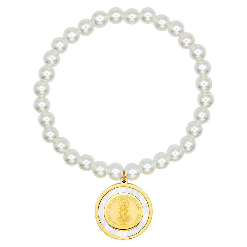Catholic Town Bracelet with Stainless Steel mother of pearl Virgen de la Caridad del Cobre Medal ( Gold & Silver )
