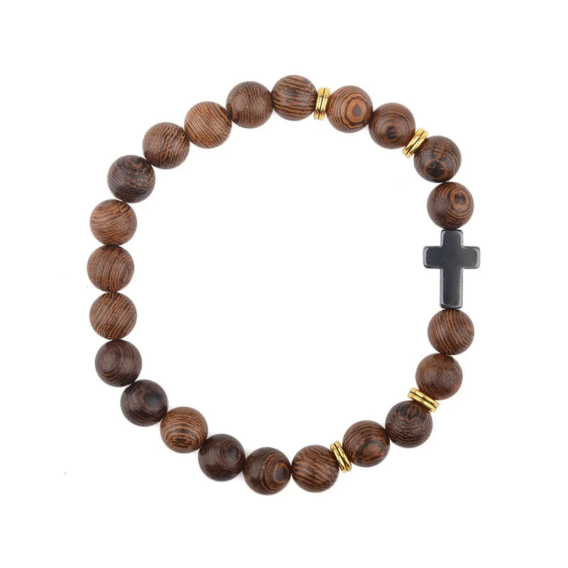 Catholic Town Bracelet with 8mm wood beads and Hematite cross ( CTBC-WB )