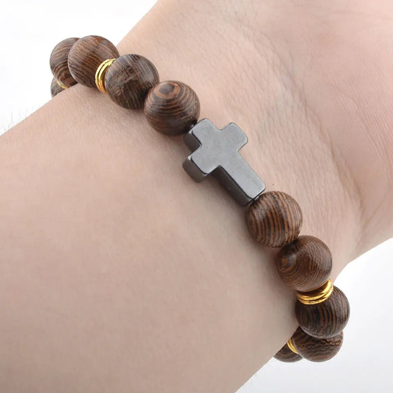 Catholic Town Bracelet with 8mm wood beads and Hematite cross ( CTBC-WB )