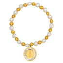 Catholic Town Bracelet with Stainless Steel Virgen de la Caridad del Cobre Medal and natural pearl beads ( Gold & Silver )