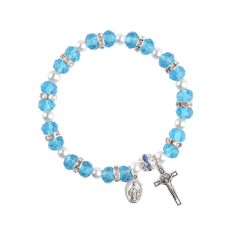 Catholic Town Woman Bracelet Beaded Stretch with crucifix and Miraculous medal ( Available in Red and Blue colors )