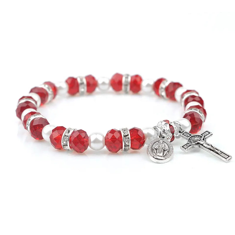 Catholic Town Elastic Bracelet with crystal beads, crucifix and Miraculous medal ( CTBCRYBMC-RED )