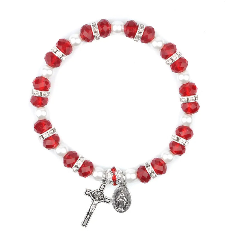 Catholic Town Elastic Bracelet with crystal beads, crucifix and Miraculous medal ( Red and Blue colors )