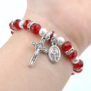 Catholic Town Woman Bracelet Beaded Stretch with crucifix and Miraculous medal ( Available in Red and Blue colors )