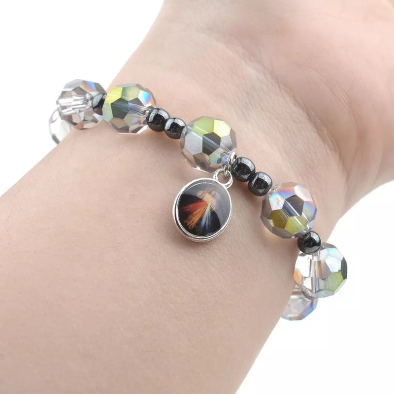 Catholic Town Bracelet with crystal beads and Divine Mercy medal ( CTBDMM-CLR )