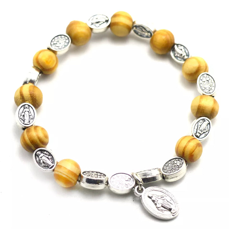 Catholic Town Miraculous medal Rosary Bracelet with 8mm wood beads for women ( CTBMMWB-IVR )