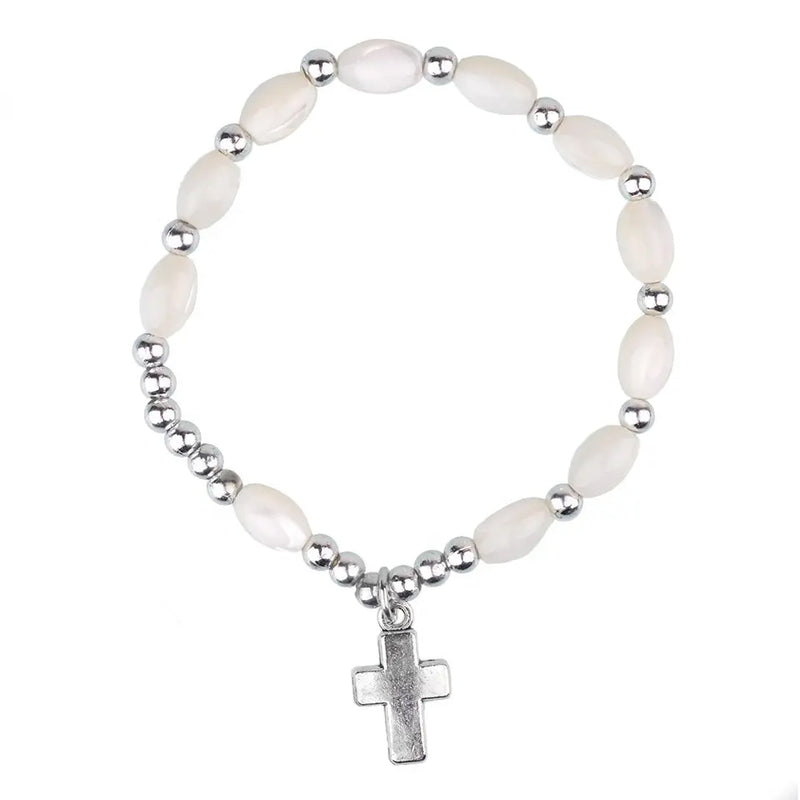 Catholic Town Mother of Pearls and 6mm metallic beads Rosary Bracelet with High Quality Cross ( CTBMSC-WHT )