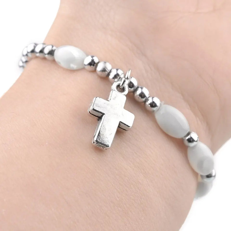 Catholic Town Mother of Pearls and 6mm metallic beads Rosary Bracelet with High Quality Cross ( CTBMSC-WHT )