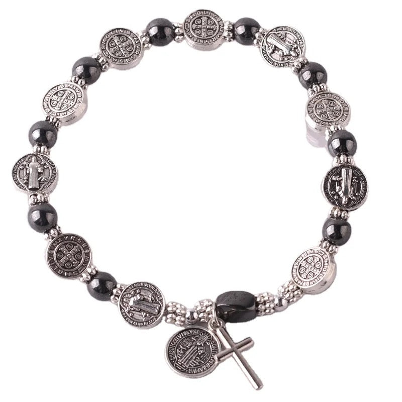 Catholic Town St Benedict stretch bracelet with 6mm Hematite and St Benedict beads with cross ( CTBSBBCRO-BLK )