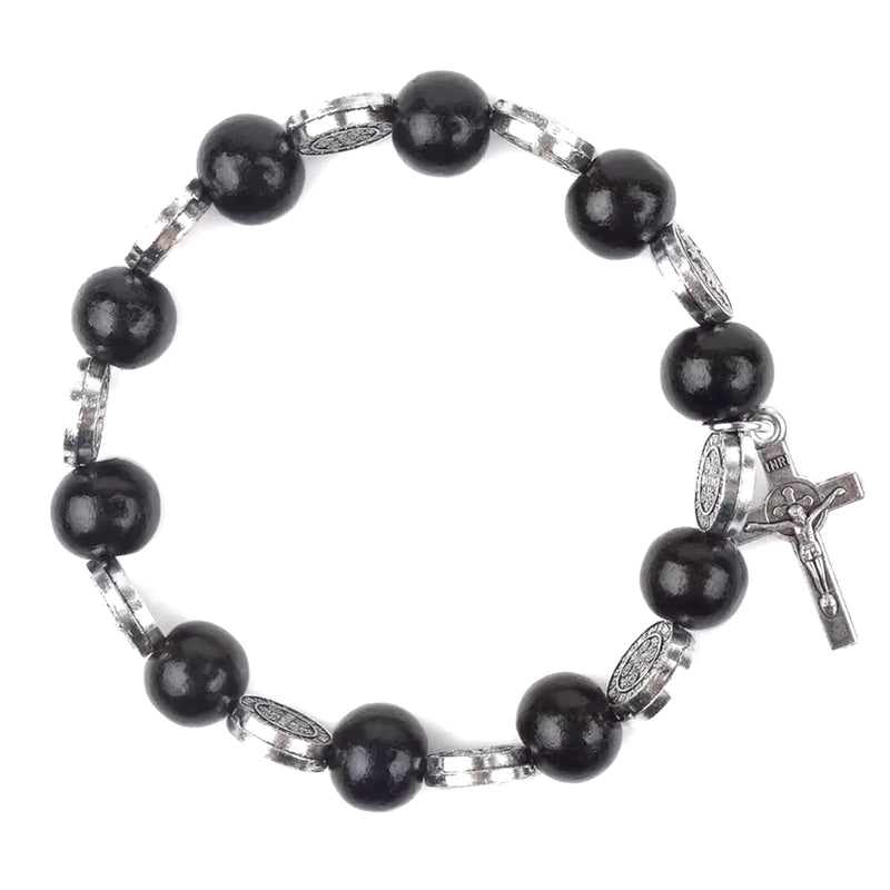 Catholic Town St Benedict Bracelet , wood beads and cross ( Black / Brown / Ivory / Red )